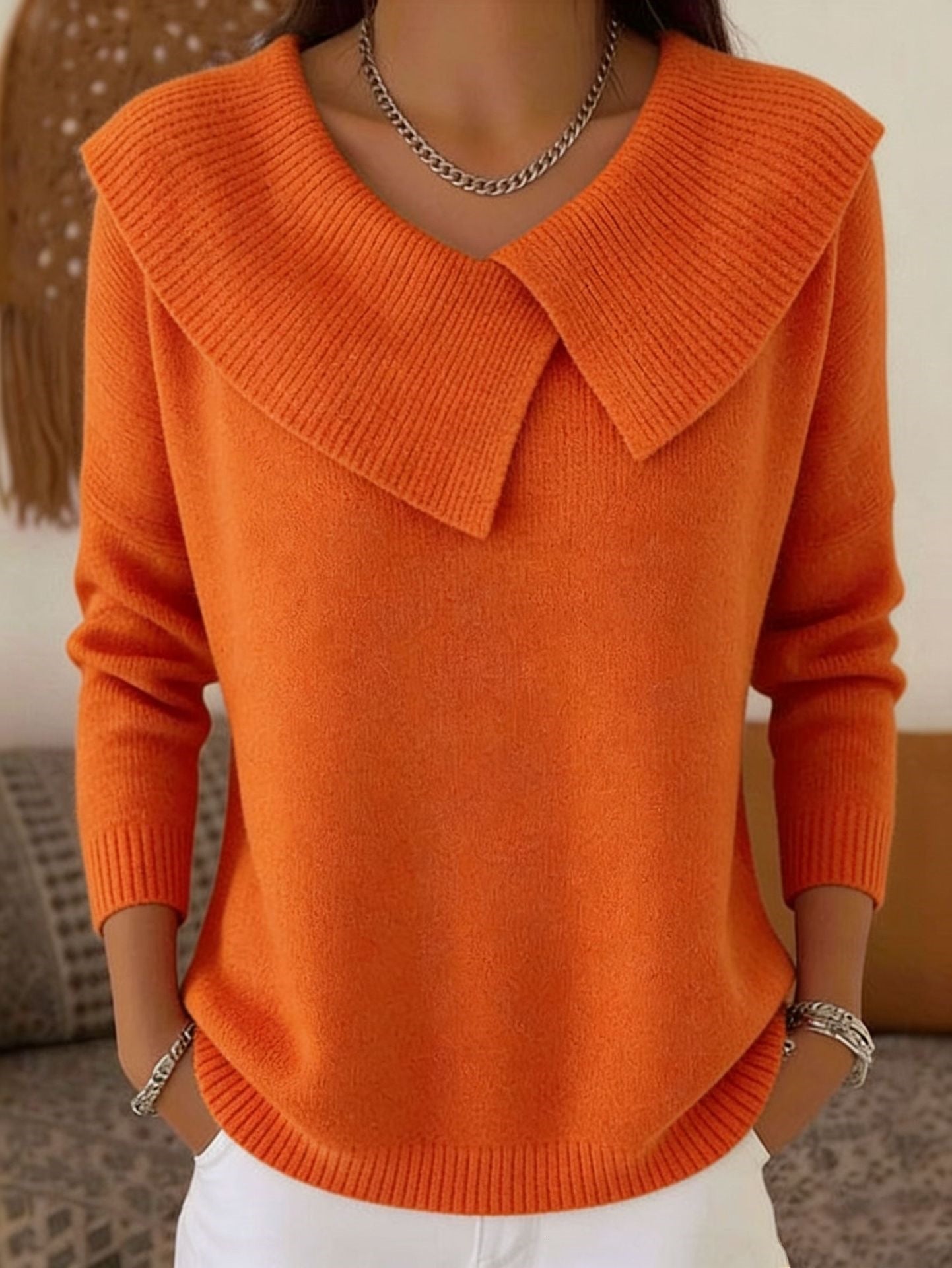Women's Autumn  Winter New Arrival  Chic Oversized Sweater, Korean Retro Collared Knit Top, Slimming & Versatile