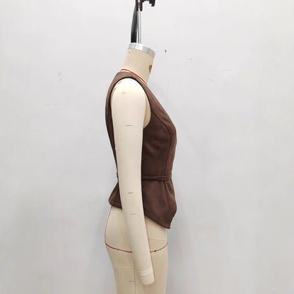 Suede Vest Top Fashionable Retro Warm Cross-Over Waistcoat