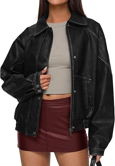 PU Jacket Womens Zip-up Casual Coat Leather Jacket