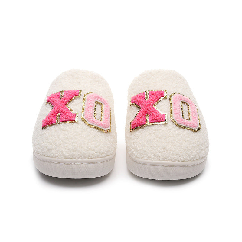 Warm Grid Letter Cotton Women's Slippers