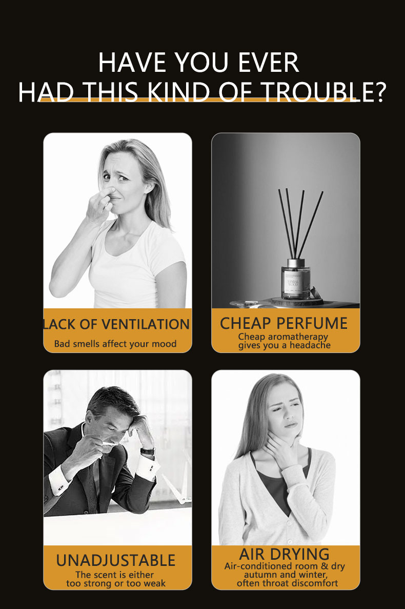 Illustration of a woman with a bad smell, a diffuser with cheap perfume, a man with a headache, and a woman with throat discomfort, all related to air quality issues.