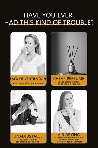 Illustration of a woman with a bad smell, a diffuser with cheap perfume, a man with a headache, and a woman with throat discomfort, all related to air quality issues.