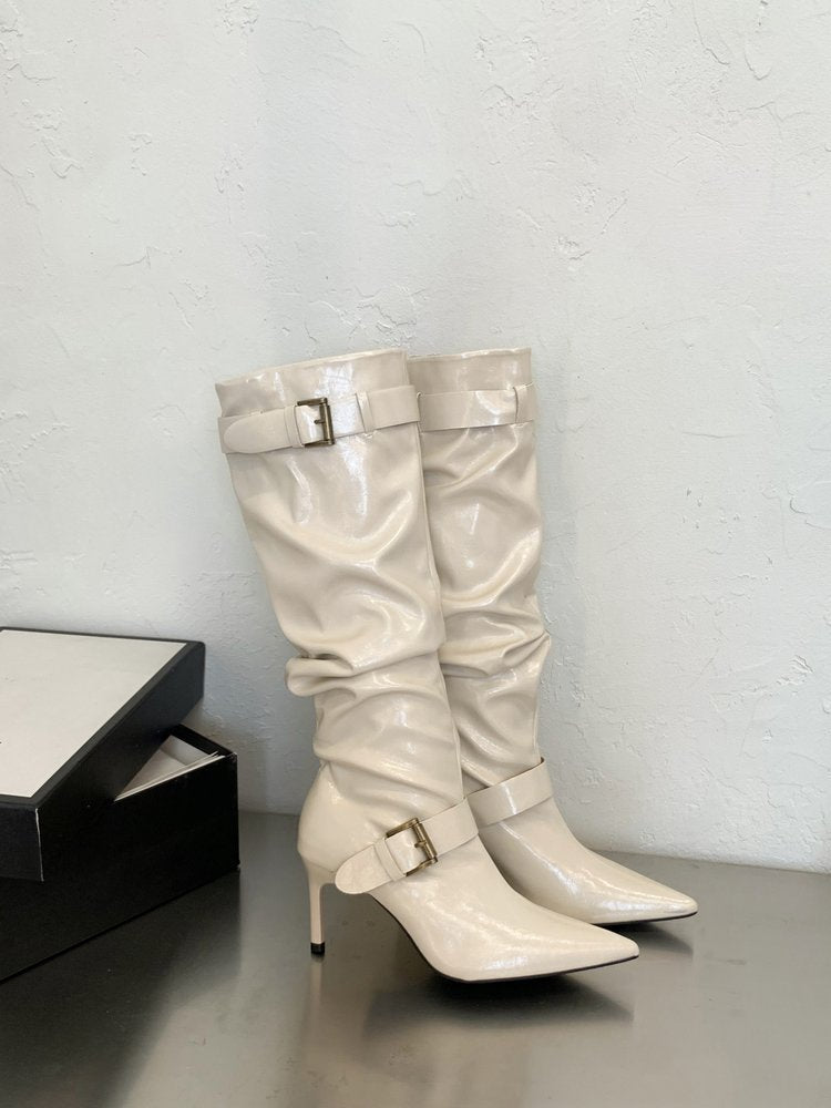 Women's Vintage Pointed Toe Elegant Ruched Slouch Boots, Slimming High Heel Knight Boots, Belt Buckle Slim Tall Boots
