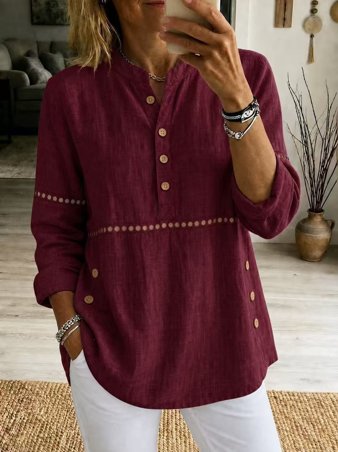 New Autumn And Winter Women's Clothing  Stand-up Collar Half-open Front Long-sleeved Top With Side Button Closure Loose Fit Casual Solid Color