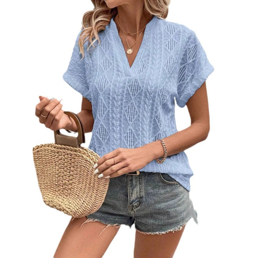 European And American Cross-Border Summer New Casual Hollow Jacquard V-Neck Loose Short-Sleeved Shirt For Women