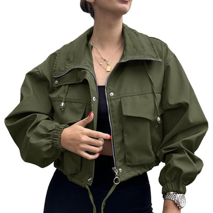 Cross-Border European And American Autum New Women's Pure Color Women's Short Jacket Zipper Windbreaker Jacket