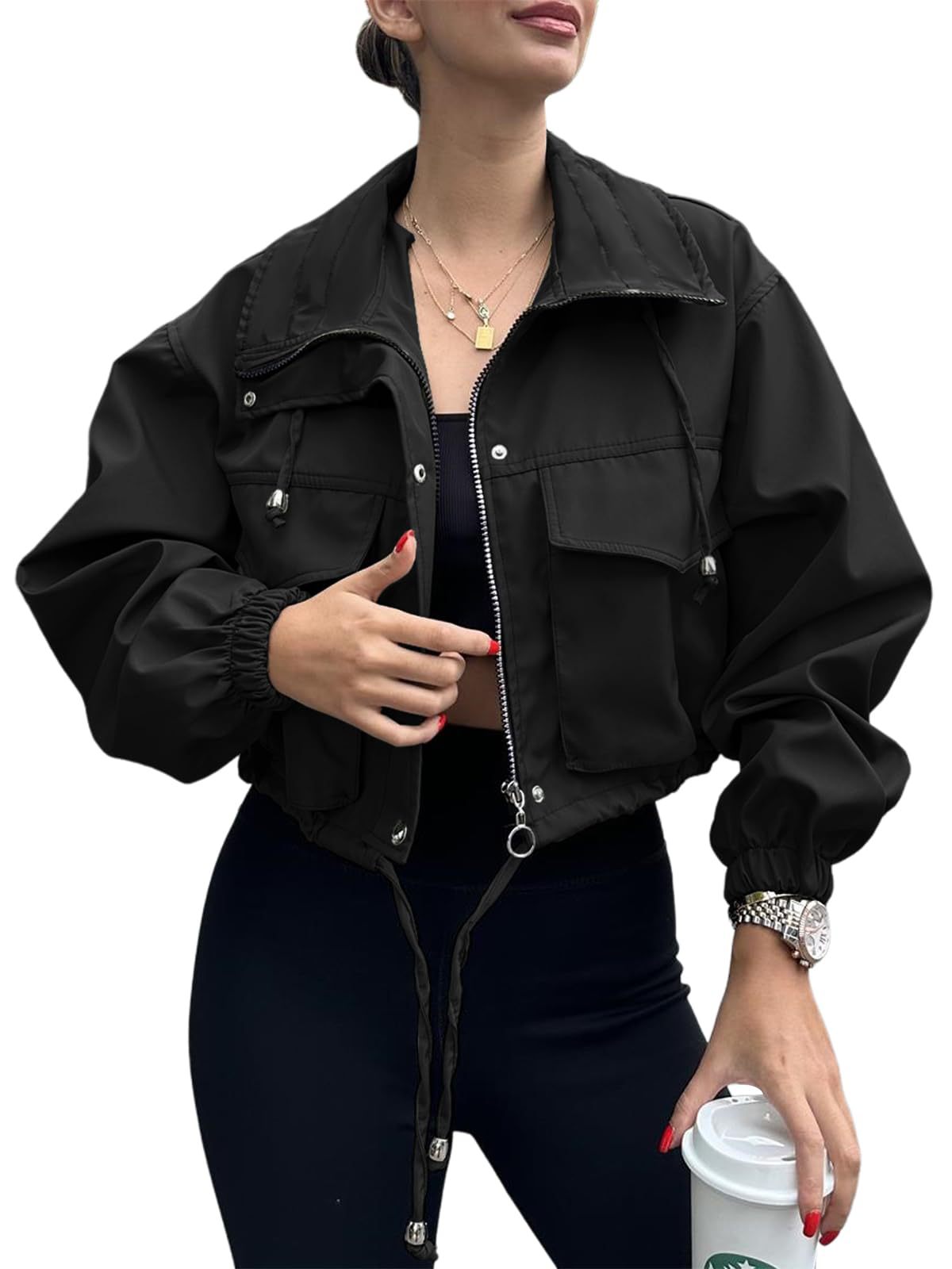 Cross-Border European And American Autum New Women's Pure Color Women's Short Jacket Zipper Windbreaker Jacket