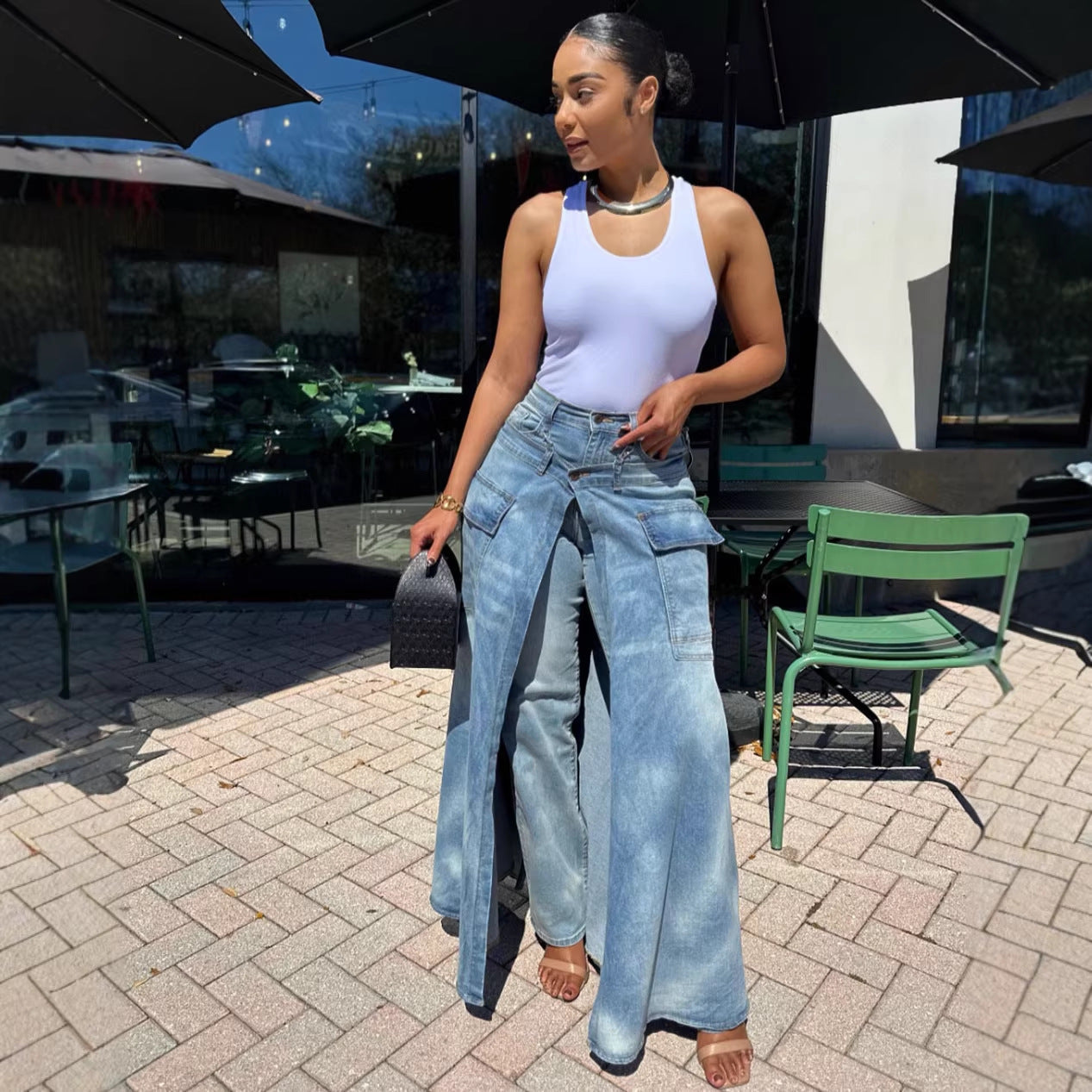 Womens Faux Two-piece Denim Jean Skirt
