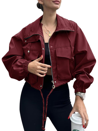 Cross-Border European And American Autum New Women's Pure Color Women's Short Jacket Zipper Windbreaker Jacket