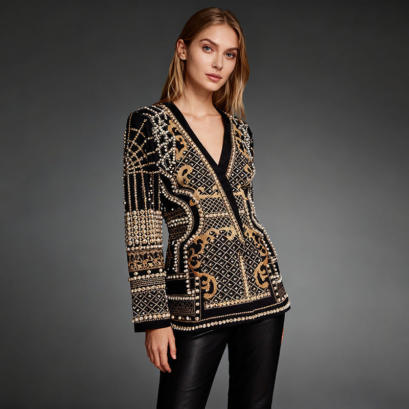 Pearl-bead Printed Petite Blazer For Women