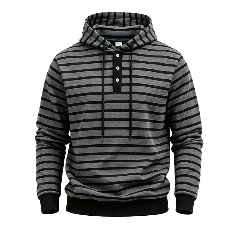 Mens Loose-Fit Striped Hoodie With Three Buttons