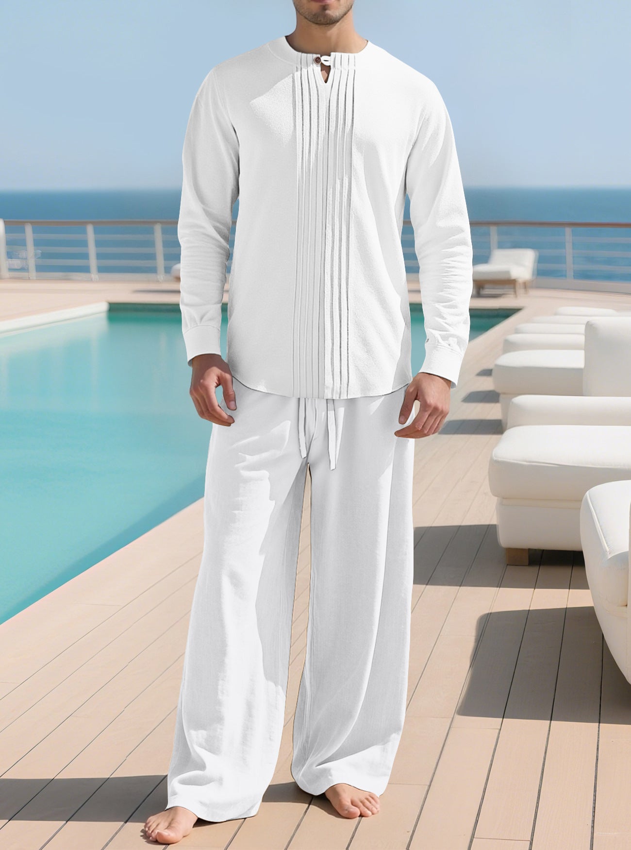 Buttoned Long Sleeve Robe And Straight-leg Pants Mens Suit