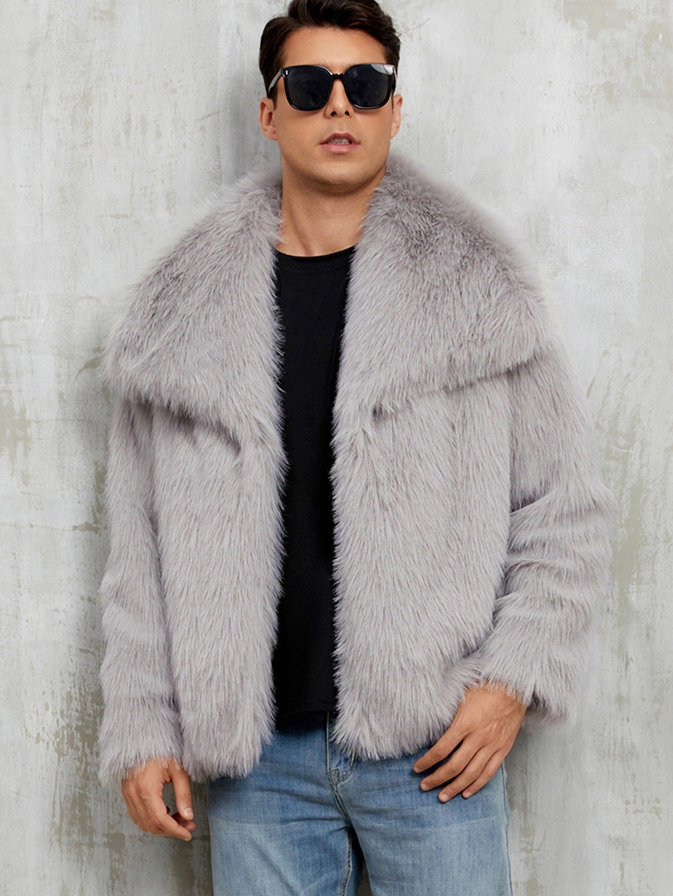 Mens Short Lapel-style Faux Fur Jacket Warm Outerwear
