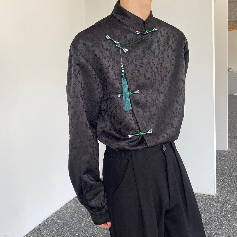 Satin Jacquard Stand-up Collar Long-sleeved Shirt