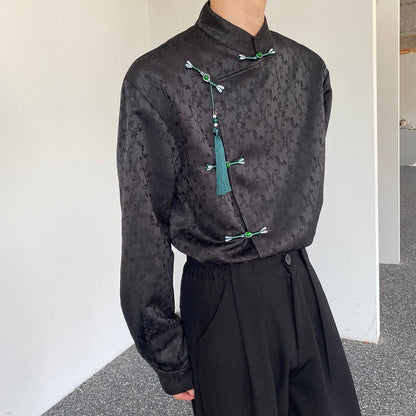 Satin Jacquard Stand-up Collar Long-sleeved Shirt