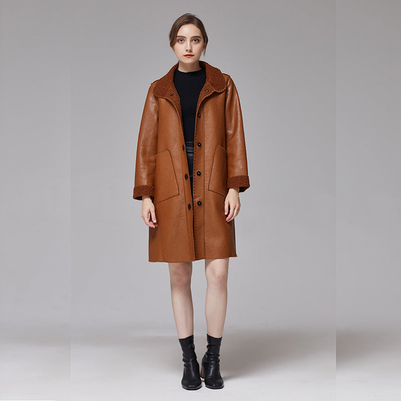 Womens Brown Leather Jacket Mid-length Trench Coat With Fur Trim