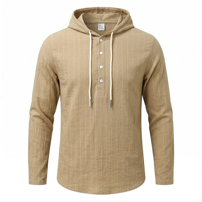 Casual Mens Loose-fit Vertical-striped Hooded Long-sleeve Shirt