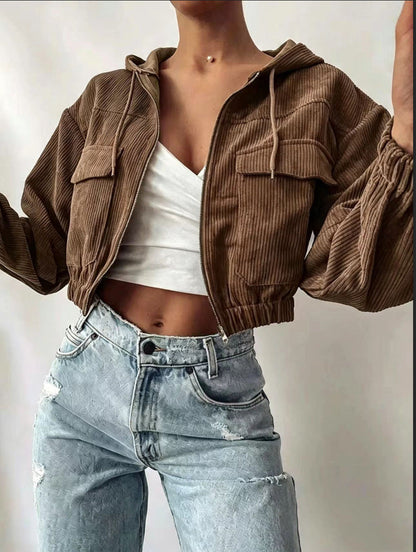 Womens Hooded Drawstring Short Jacket With Long Sleeves
