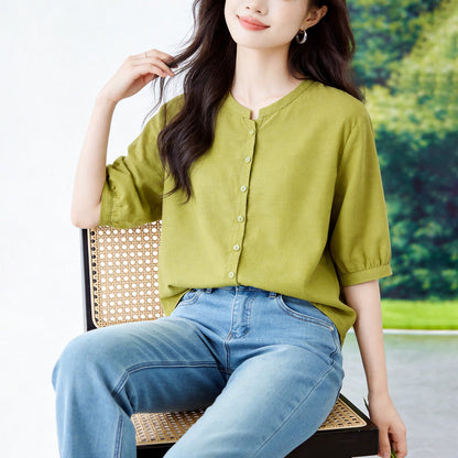 Retro Cotton-linen Blouse For Women Three-quarter Sleeves Arrival Round Neck
