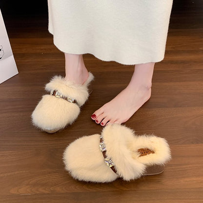 Women's Platform Rhinestone Luxury Furry Slippers, 2025 Autumn New Arrival, Soft Sole Versatile Niche Heightening Cotton Slippers