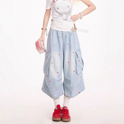 Love-Heart Print Designer-Style Cropped Denim Jeans For Women Summer