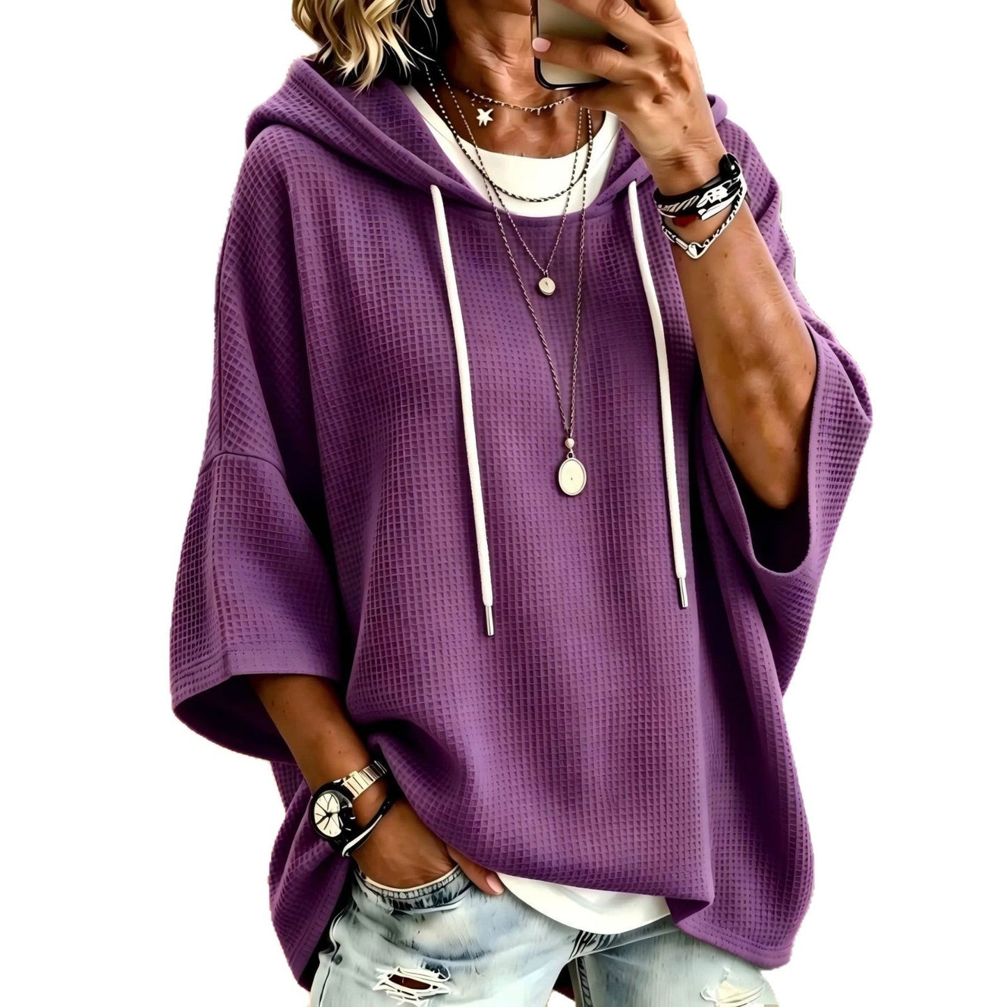 Women Casual Waffle Knit Hooded Tops Drawstring 3 4 Batwing Sleeve Loose Fit Solid Color Pullover Sweatshirt