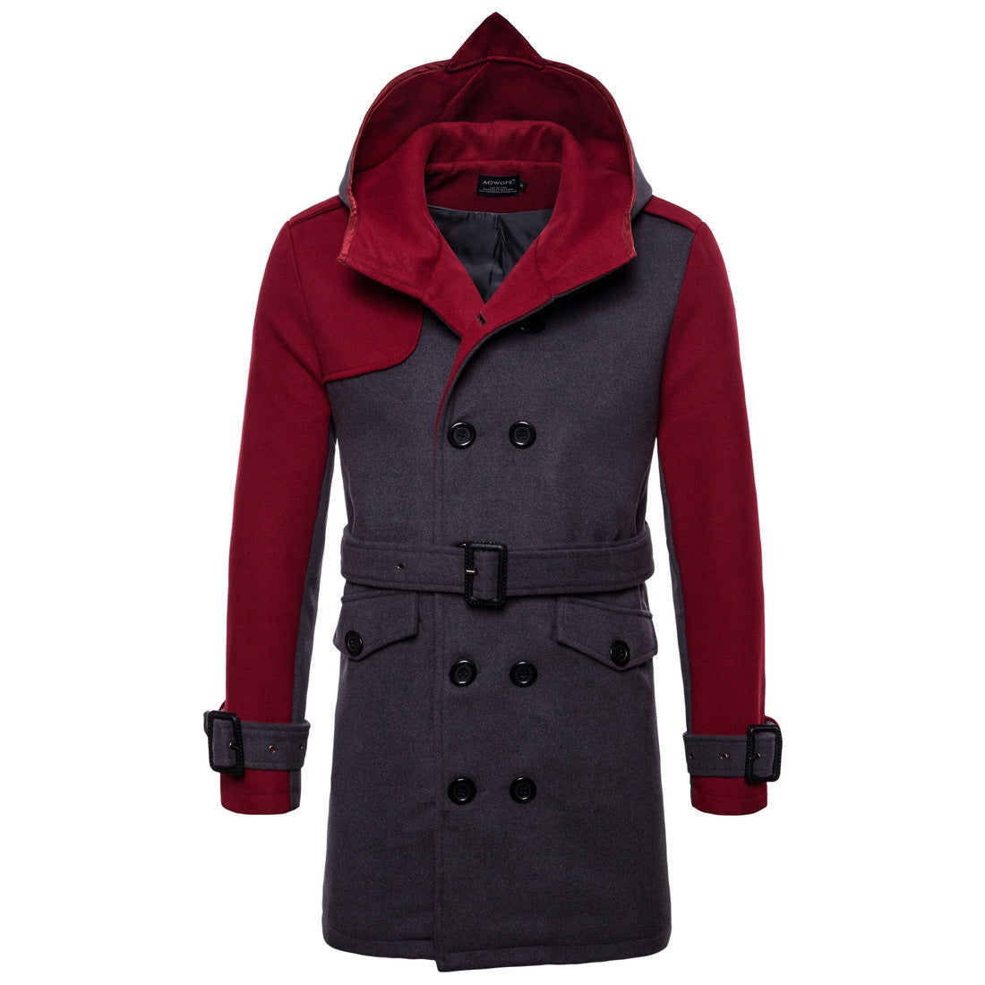 Double-breasted Hooded Belted Mid-length Wool Trench Coat
