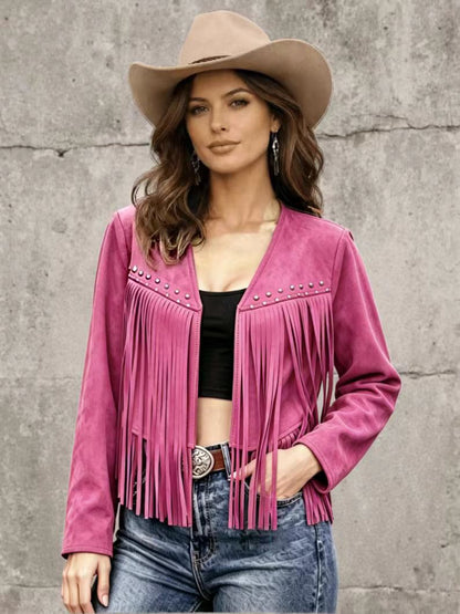 Womens Solid-Color Rivet-Embellished Long-Sleeve Cardigan Coat