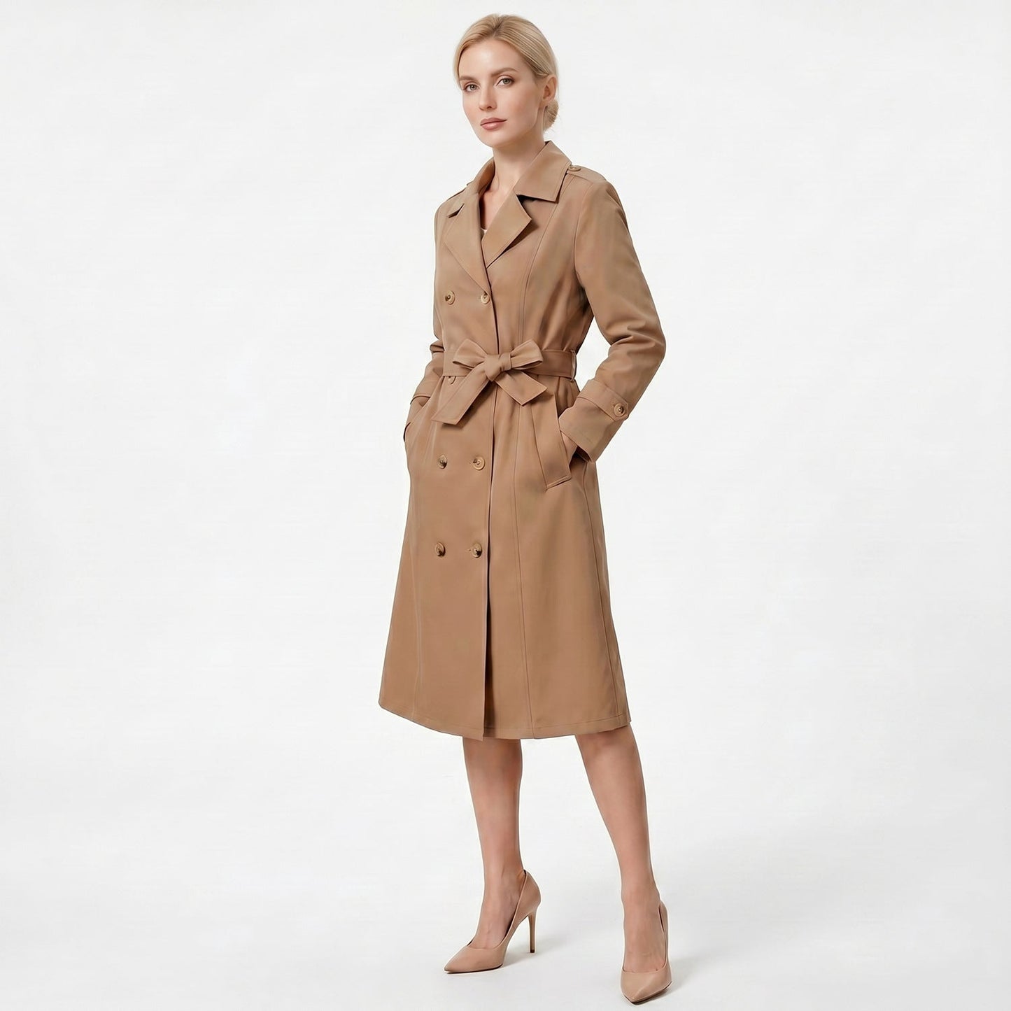 Casual Waist-cinching Long-length Elegant Womens Double-breasted Coat