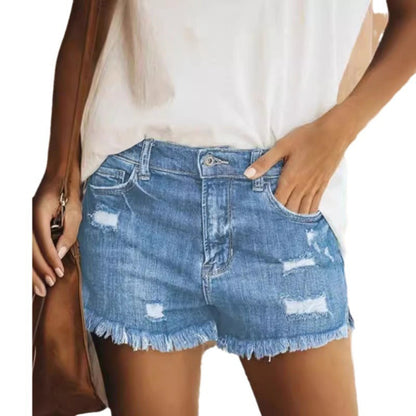 Womens Fashionable Ripped Fringed Denim Shorts