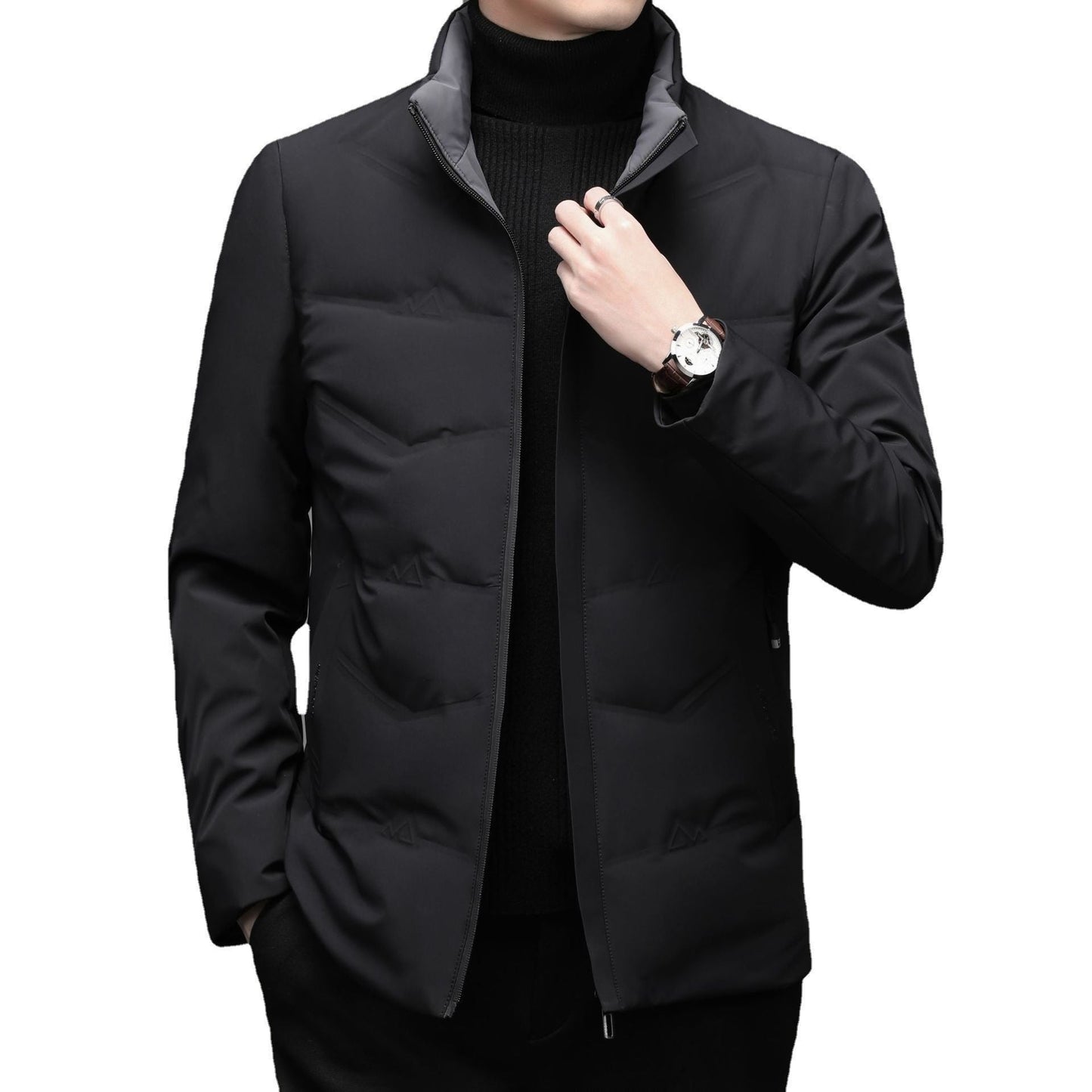 Mens Casual Color Stand-collar White Duck Down Warm Down Jacket