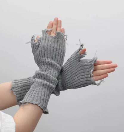 1pair Black Tattered Punk Unisex Fingerless Cuff Knit Gloves