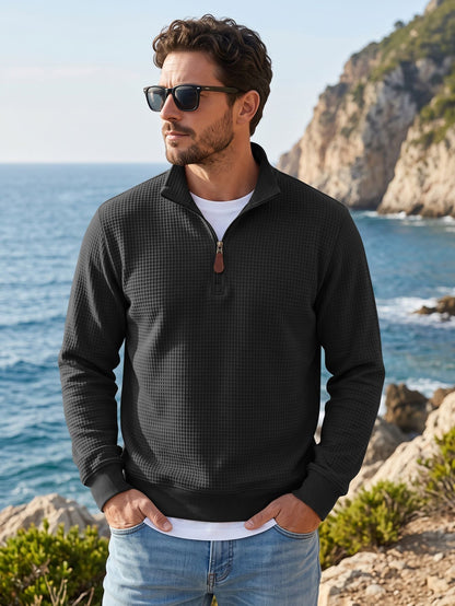 American-style Waffle Knit Half-Zip Stand Collar Men's Sweater, TK Foreign Trade Long Sleeve Pullover Casual Sweatshirt