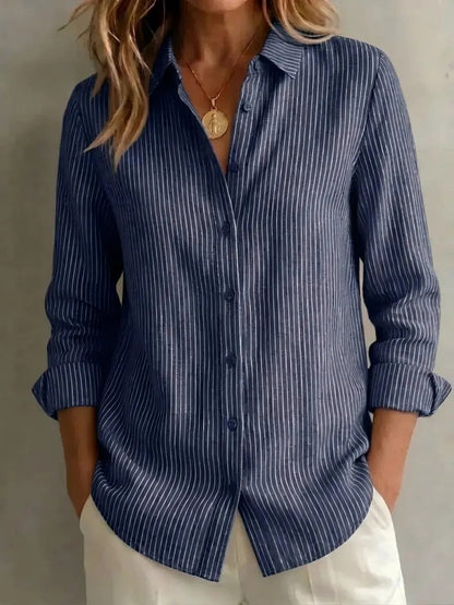 Womens Long-sleeved Linen Shirt With Blue And White Vertical Stripes