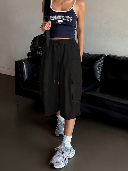 Women's Summer Sports Shorts, Loose Casual Style, New Straight-Cut Slimming Gray Wide-Leg Mid-Length Shorts, Versatile Five-Point Pants, Trendy