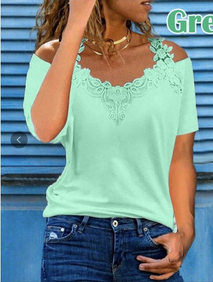V-Neck Patchwork Short-Sleeved Lace Casual Loose T-Shirt For Women
