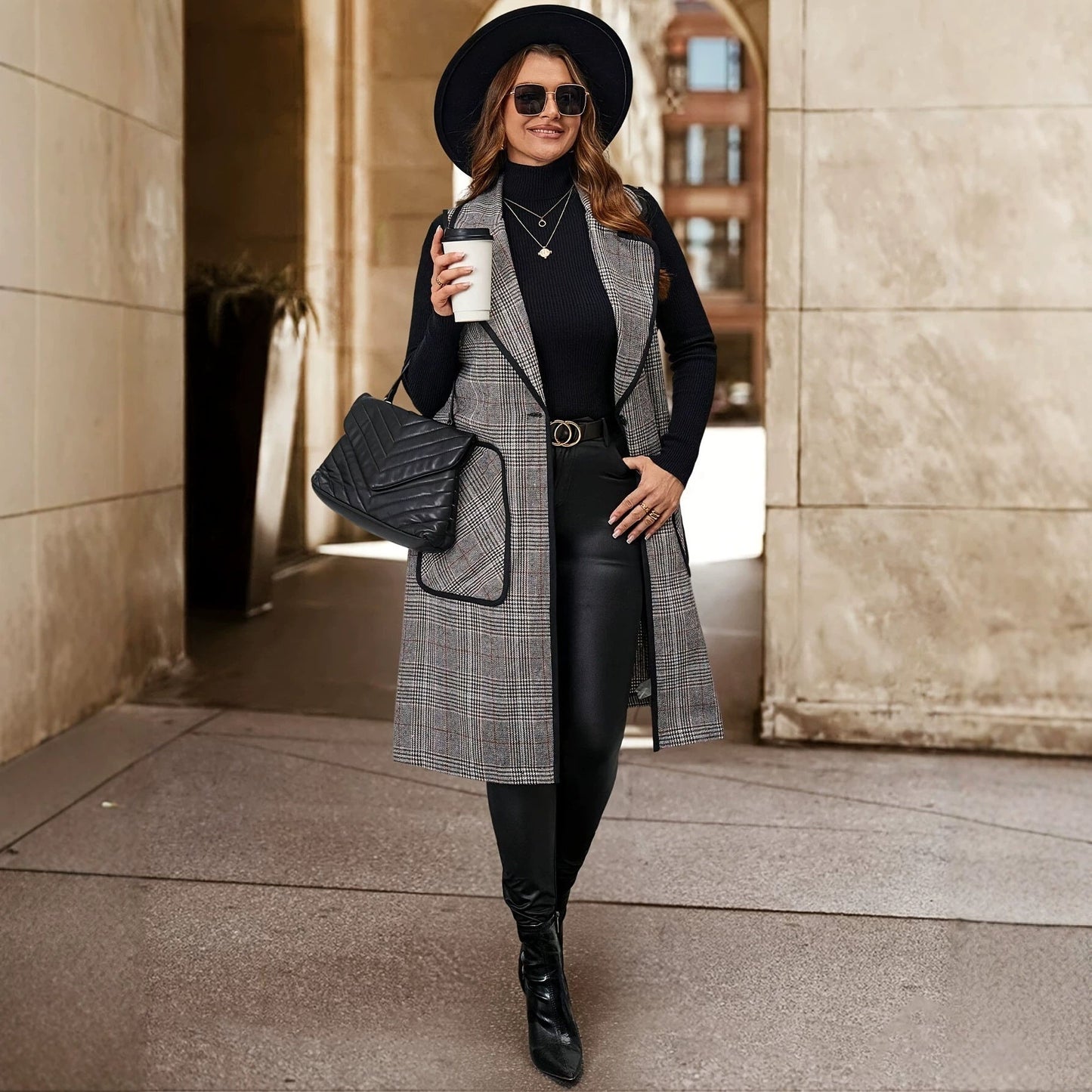 Womens Elegant Long Houndstooth Vest