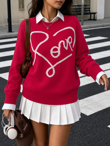 Casual Loose Long Sleeve White Love Heart Pattern Knit Top Valentine Sweater For Women