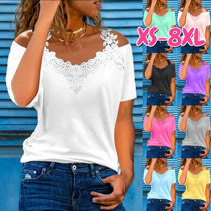 V-Neck Patchwork Short-Sleeved Lace Casual Loose T-Shirt For Women