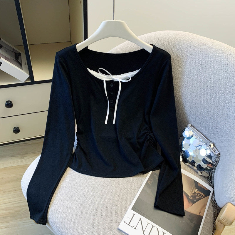 Lace Faux Two-piece Square-neck Long-sleeve T-shirt