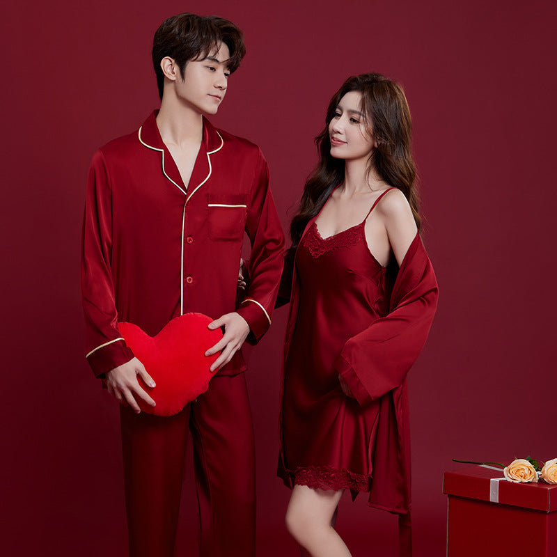 Spring And Autumn Ice Silk Red Festive Men's And Women's Wedding Dowry Suit