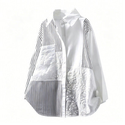 Literary-style Striped Embroidered Patchwork Blouse
