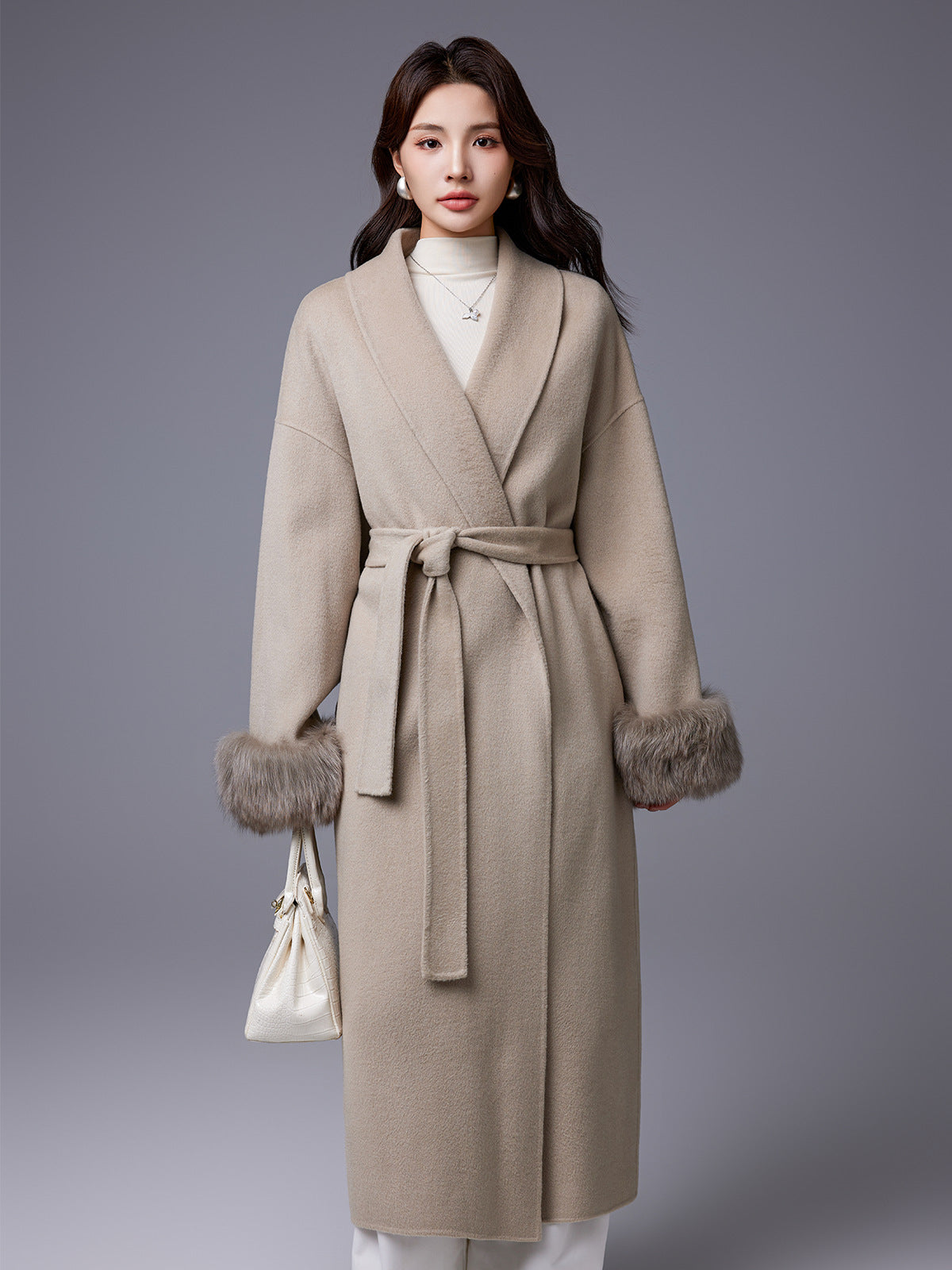 Thickened Coat With Fox-fur Sleeves Womens Belted Wool Blend