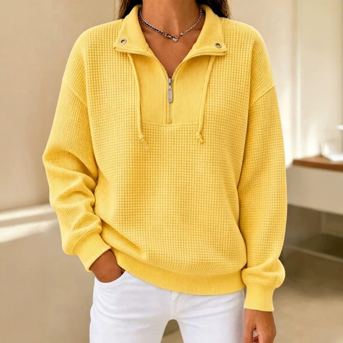 Autumn Solid-Color Stand-Neck Zippered Long-Sleeve Patchwork Womens Sweatshirt