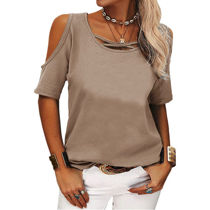 2026 Spring Summer European And American Women's Fashion Casual Solid Color Off Shoulder Loose Short Sleeved T-shirt