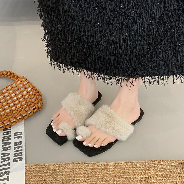 Women Square Toe Cross Band Furry Slides Leopard Print Faux Fur Flat Slippers Casual Indoor Outdoor Warm Plush Slide Sandals