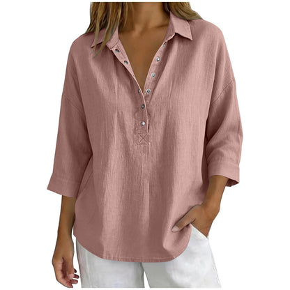Womens Solid-Color Casual Three-Quarter-Sleeve Shirt