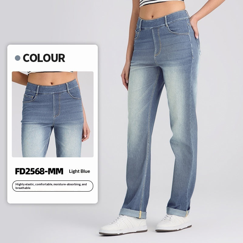 Cuffed Knitted Denim Straight-Leg Pants For Women