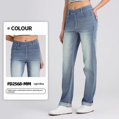 Cuffed Knitted Denim Straight-Leg Pants For Women