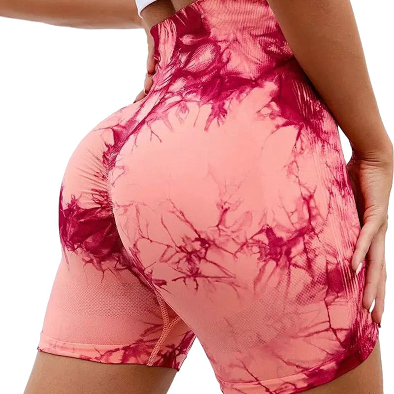 Summer European And American Tie-dyed Three-point Fitness Pants Women's High Waist Hip Lifting Tight Sports Running Peach Belly Contracting Yoga Shorts